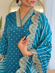BLUE COLOURED  WOMEN'S  REYON  EMBROIDERED  KURTA WITH PANT DUPATTA SET