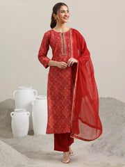 RED COLOURED  WOMEN'S VISCOSE RAYON KURTA WITH  DUPATTA SET