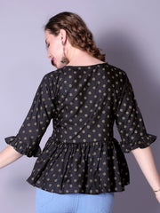 Black Floral Printed Bell-Sleeve Tunic for Women – Elegant Cotton 3/4 Sleeve Top | Casual & Office Wear Malaysia 2025