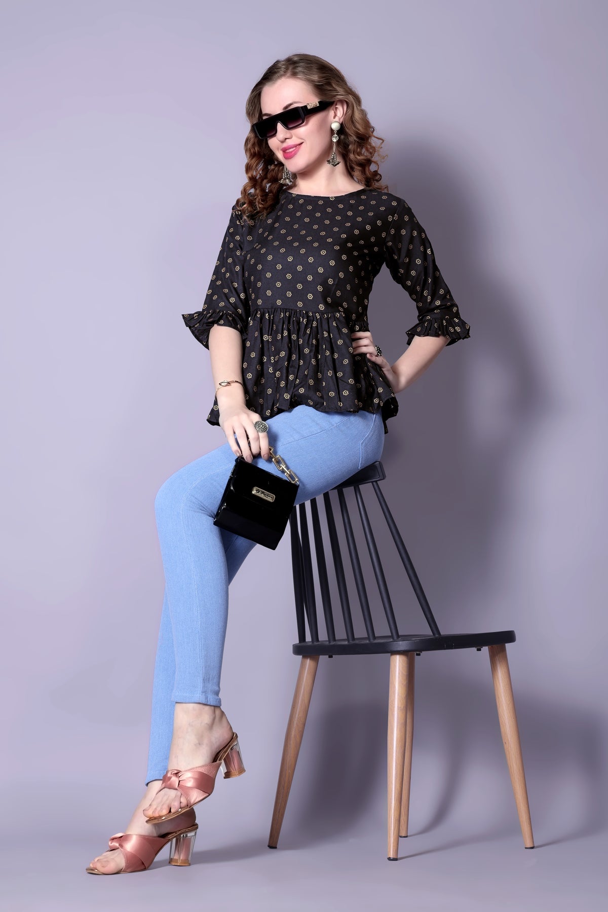 Black Floral Printed Bell-Sleeve Tunic for Women – Elegant Cotton 3/4 Sleeve Top | Casual & Office Wear Malaysia 2025