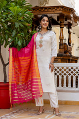 WHITE COLOURED WOMEN'S VISCOSE RAYON  KURTA WITH  DUPATTA SET