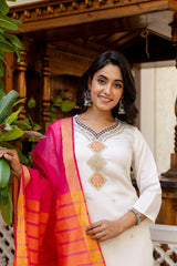 WHITE COLOURED WOMEN'S VISCOSE RAYON  KURTA WITH  DUPATTA SET