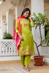 Mint Green Pure Silk Kurta Set with Dupatta | Khadi Print Women’s Ethnic Wear Malaysia | Partywear & Festive Collection