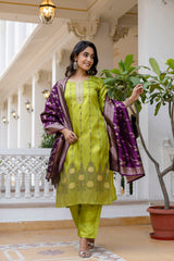 Mint Green Pure Silk Kurta Set for Women | Embroidered & Hand Printed Stitched Suit with Jacquard Dupatta | Elegant Ethnic Wear Malaysia | Ready to Wear