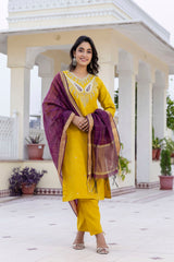 YELLOW  COLOURED WOMEN'S VISCOSE RAYON  KURTA WITH  DUPATTA SET