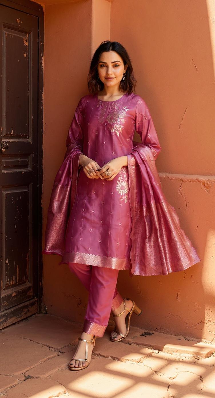 PEACH COLOURED  WOMEN'S  SILK KURTA WITH  DUPATTA SET