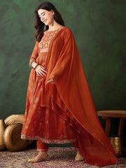 ORANGE COLOURED  WOMEN'S GEORGETTE  KURTA WITH  DUPATTA SET