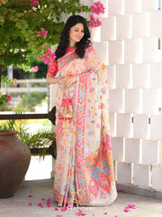 Kashmiri Weaving Multiple color thread weaving pure zari weaving White and cream coloured saree