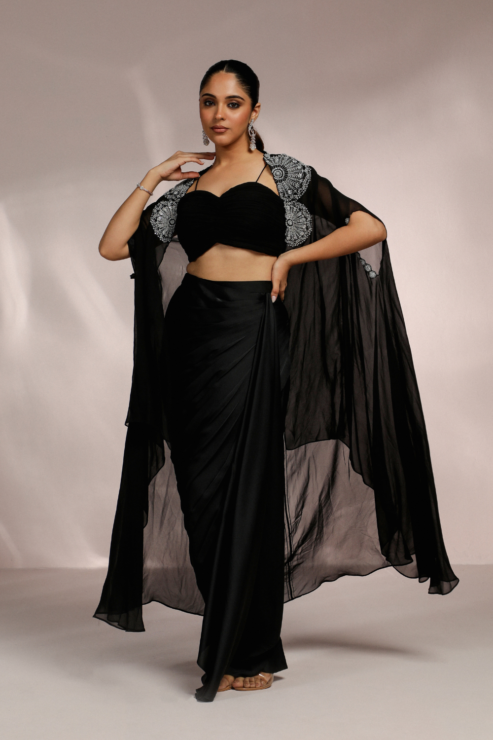 Black Dhoti Skirt with Blouse & Embroidered Cape Set