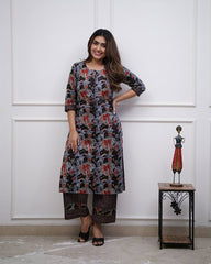 SARA Black Cotton Kurta with Bottom | Digital Printed Casual & Workwear Set | Comfortable Daily Wear Kurta – Malaysia
