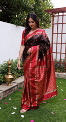 THE BANARASI SAREEIS MADE UP OF SILK THREADS WOVEN USING