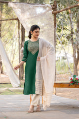 SK-21 Green Cotton Blend Kurta Set with Bottom & Chandery Dupatta | Embroidered 3-Piece Ethnic Wear – Malaysia