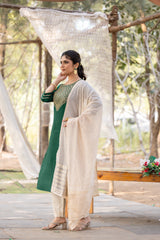 SK-21 Green Cotton Blend Kurta Set with Bottom & Chandery Dupatta | Embroidered 3-Piece Ethnic Wear – Malaysia