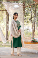 SK-21 Green Cotton Blend Kurta Set with Bottom & Chandery Dupatta | Embroidered 3-Piece Ethnic Wear – Malaysia
