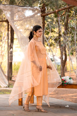 SK-882 Peach Polyester Kurta Set with Bottom & Net Dupatta | Embroidered 3-Piece Ethnic Wear – Malaysia