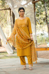 Kashturi Rayon Slub Kurta Set with Bottom & Organza Digital Print Dupatta | Jacquard Work | Festive & Party Wear – Malaysia