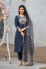 Navy Blue Rayon Slub Kurta Set with Embroidery & Digital Printed Organza Dupatta | Elegant Readymade Suit | Size S–XXL | Indian Ethnic Wear Malaysia