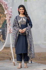 Navy Blue Rayon Slub Kurta Set with Embroidery & Digital Printed Organza Dupatta | Elegant Readymade Suit | Size S–XXL | Indian Ethnic Wear Malaysia