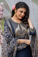 Navy Blue Rayon Slub Kurta Set with Embroidery & Digital Printed Organza Dupatta | Elegant Readymade Suit | Size S–XXL | Indian Ethnic Wear Malaysia