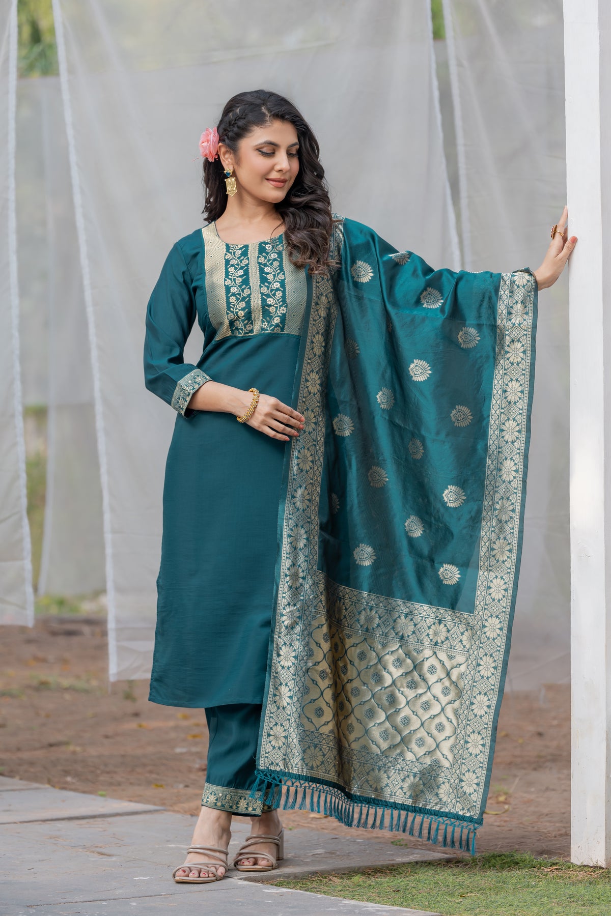 Mirzza Rayon Slub Kurta Set with Bottom & Jacquard Dupatta | Elegant Light Teal Ethnic Wear | Festive & Party Collection – Malaysia