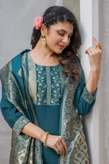 Mirzza Rayon Slub Kurta Set with Bottom & Jacquard Dupatta | Elegant Light Teal Ethnic Wear | Festive & Party Collection – Malaysia