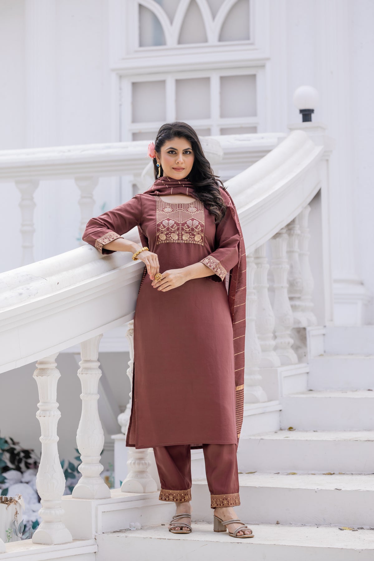 Indraa Roman Silk Kurta Set with Bottom & Dupatta | Jacquard Work | Premium Festive & Party Wear | Malaysia Online Shopping