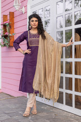SK-932 Purple Cotton Blend Kurta Set with Bottom & Chandery Dupatta | Embroidered 3-Piece Ethnic Wear – Only RM 400 – Malaysia