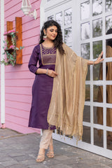 SK-932 Purple Cotton Blend Kurta Set with Bottom & Chandery Dupatta | Embroidered 3-Piece Ethnic Wear – Only RM 400 – Malaysia