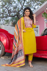 SK-13 Mustard Cotton Blend Kurta Set with Bottom & Polyester Dupatta | Embroidered 3-Piece Ethnic Wear – Malaysia