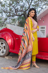 SK-13 Mustard Cotton Blend Kurta Set with Bottom & Polyester Dupatta | Embroidered 3-Piece Ethnic Wear – Malaysia