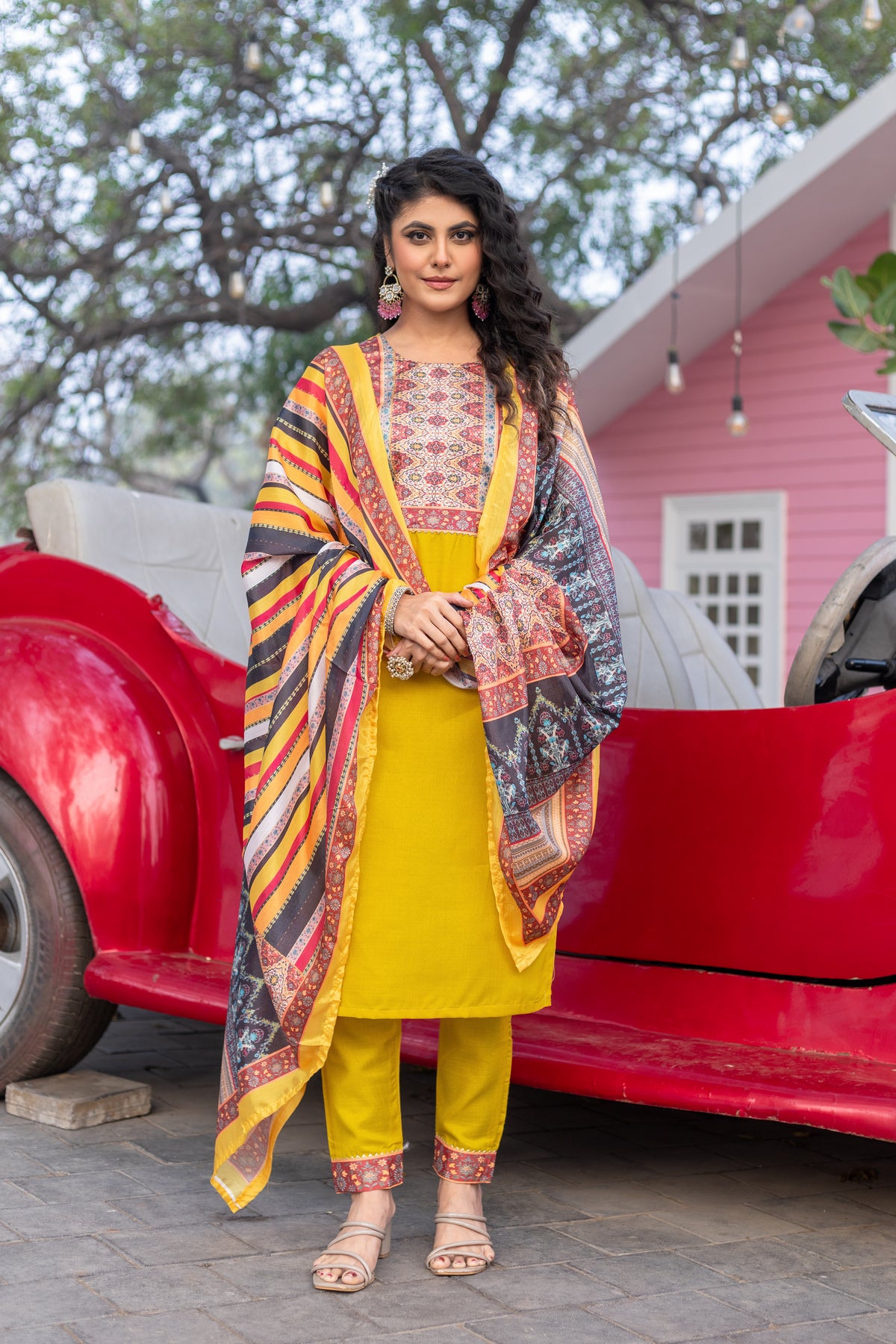 SK-13 Mustard Cotton Blend Kurta Set with Bottom & Polyester Dupatta | Embroidered 3-Piece Ethnic Wear – Malaysia