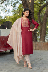 SK-19 Red Cotton Blend Kurta Set with Bottom & Chandery Dupatta | Embroidered 3-Piece Ethnic Wear – Malaysia