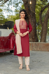 SK-19 Red Cotton Blend Kurta Set with Bottom & Chandery Dupatta | Embroidered 3-Piece Ethnic Wear – Malaysia