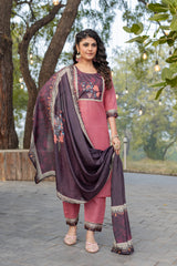 SK-971 Light Grey Cotton Blend Kurta Set with Bottom & Chandery Dupatta | Embroidered 3-Piece Ethnic Wear – Malaysia