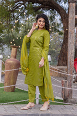 SK-882 Mint Green Cotton Blend Kurta Set with Bottom & Chanderi Dupatta | Embroidered 3-Piece Ethnic Wear – Malaysia