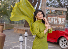 SK-882 Mint Green Cotton Blend Kurta Set with Bottom & Chanderi Dupatta | Embroidered 3-Piece Ethnic Wear – Malaysia