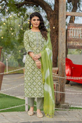SK-9 Mint Green Cotton Blend Kurta Set with Bottom & Chandery Dupatta | Printed 3-Piece Ethnic Set – Malaysia