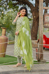 SK-9 Mint Green Cotton Blend Kurta Set with Bottom & Chandery Dupatta | Printed 3-Piece Ethnic Set – Malaysia