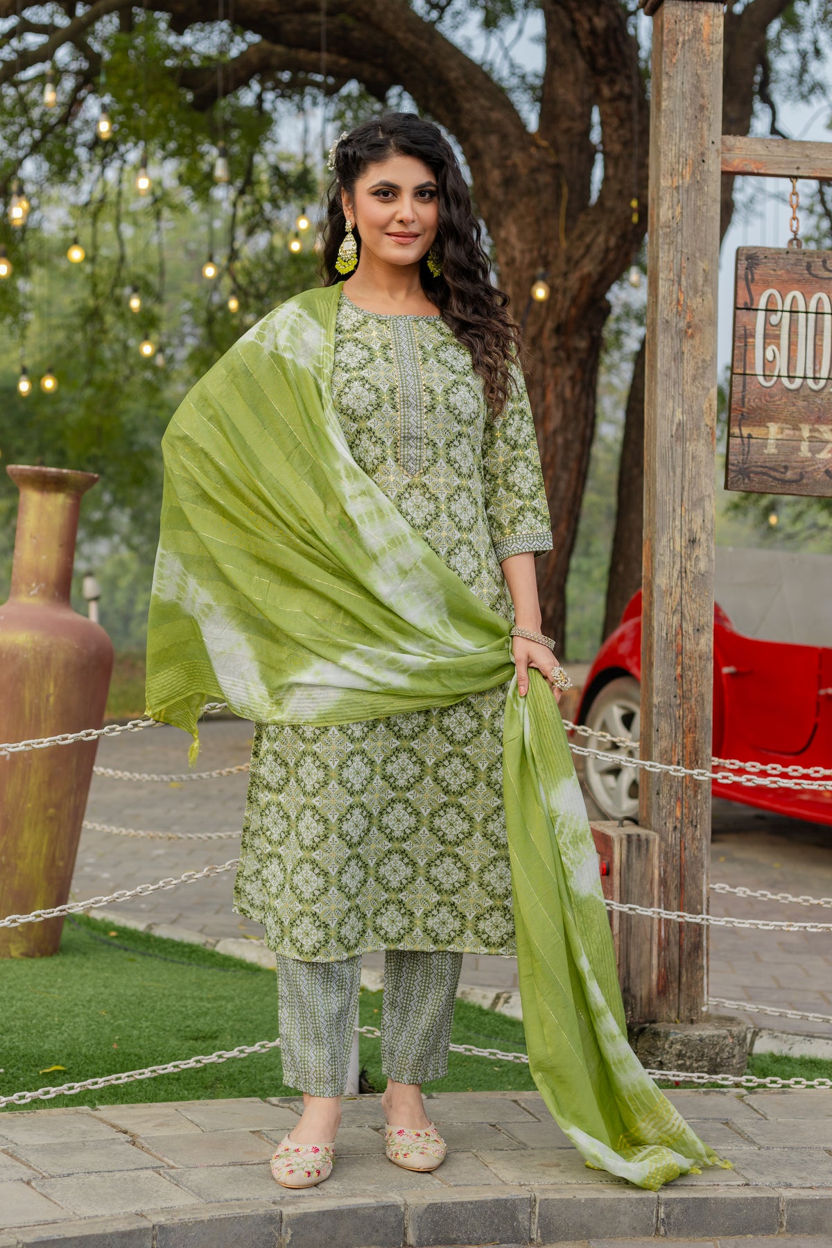 SK-9 Mint Green Cotton Blend Kurta Set with Bottom & Chandery Dupatta | Printed 3-Piece Ethnic Set – Malaysia