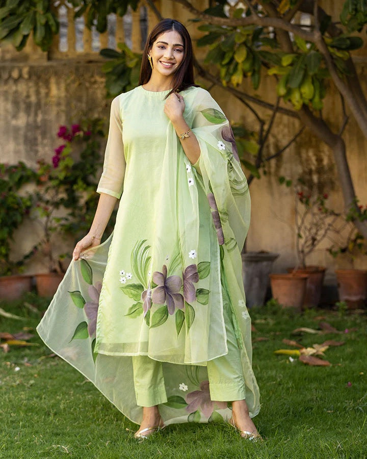 Beautifull Organza tabby Fabriced Hand Printed Demanding Kurta Set