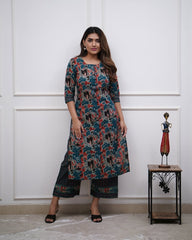 Sara Teal Cotton Kurta with Bottom | Digital Printed 2-Piece Set | Comfortable Casual & Office Wear Kurta – Malaysia