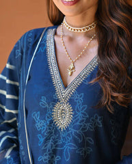 BLUE  COLOURED  WOMEN'S  PRINTED  EMBROIDERED   KURTA  WITH PANT DUPATTA  SET