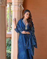 BLUE  COLOURED  WOMEN'S  PRINTED  EMBROIDERED   KURTA  WITH PANT DUPATTA  SET