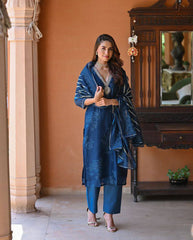 BLUE  COLOURED  WOMEN'S  PRINTED  EMBROIDERED   KURTA  WITH PANT DUPATTA  SET