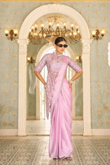 PINK READY TO WEAR SAREE WITH FULLY EMBROIDERED BLOUSE