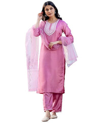 SKYLEE Women’s Dark PINK Silk Blend Kurta Set with Embroidery, Pants &amp; Dupatta | Ethnic Wear Malaysia | Festive &amp; Wedding Outfit