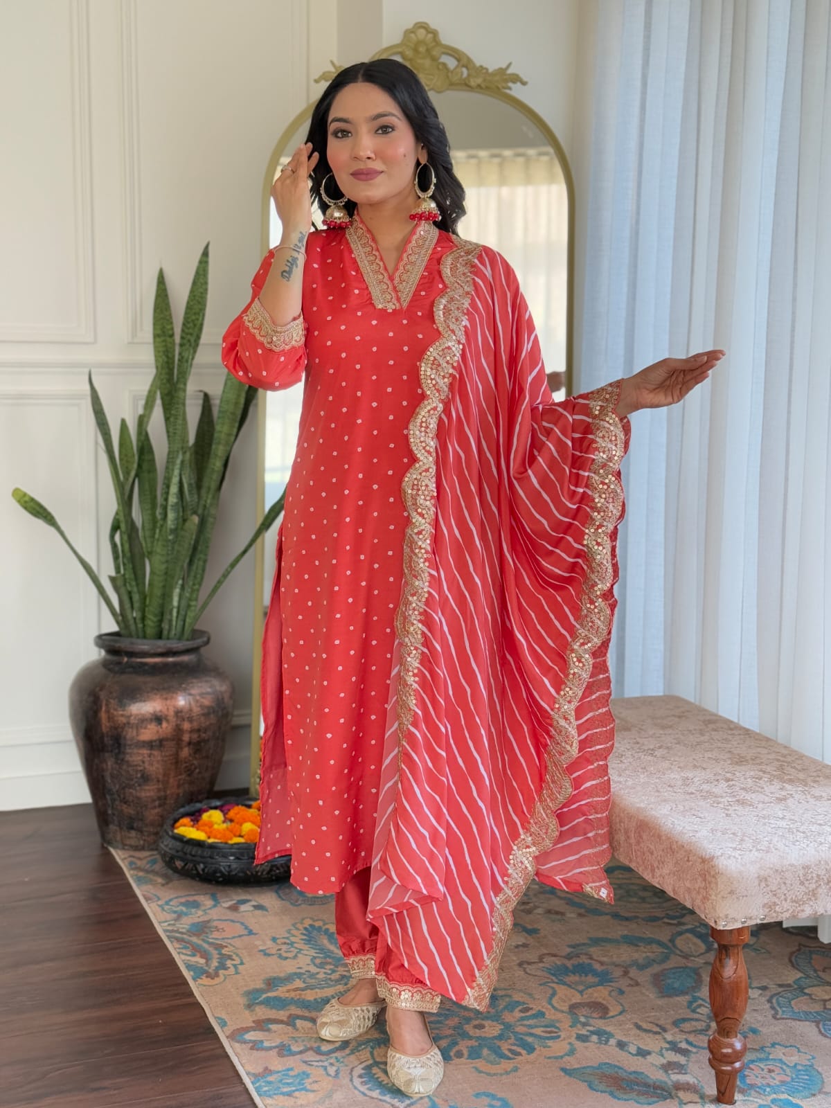ORANGE  COLOURED  WOMEN'S  REYON   EMBROIDERED  KURTA WITH PANT DUPATTA SET