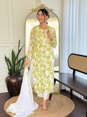 GREEN  COLOURED  WOMEN'S GEORGETTE  KURTA  WITH PANT DUPATTA  SET