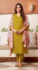YELLOW COLOURED  WOMEN'S RAYON  KURTA WITH  DUPATTA SET