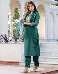 SKYLEE Women’s Dark Green Silk Blend Kurta Set with Embroidery, Pants & Dupatta | Ethnic Wear Malaysia | Festive & Wedding Outfit